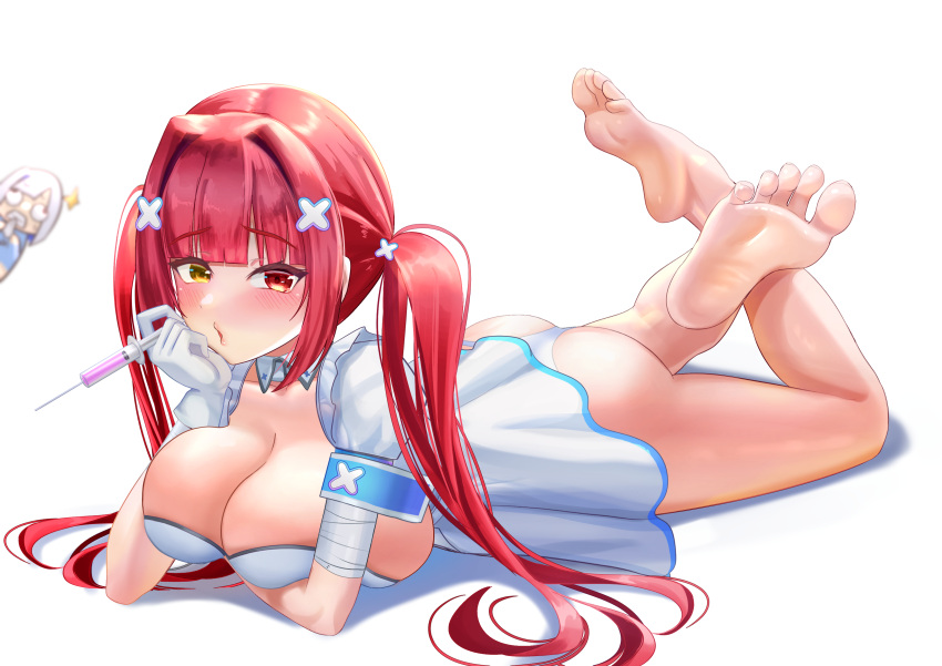 1girl absurdres alternate_breast_size amane_kanata amane_kanata_(4th_costume) amane_kanata_(cosplay) ass bandaged_arm bandages bare_legs barefoot breasts chibi chibi_inset cleavage cosplay detached_collar dress eyelashes feet feet_up gloves hair_intakes hair_ornament heterochromia highres holding holding_syringe hololive houshou_marine huge_breasts jagoo legs long_hair looking_at_viewer lying o3o official_alternate_costume on_stomach open_mouth panties purple_eyes red_eyes red_hair shiny_clothes short_dress short_sleeves simple_background skindentation smile soles solo syringe thighs toes twintails underwear virtual_youtuber white_background white_dress white_gloves white_panties x_hair_ornament yellow_eyes