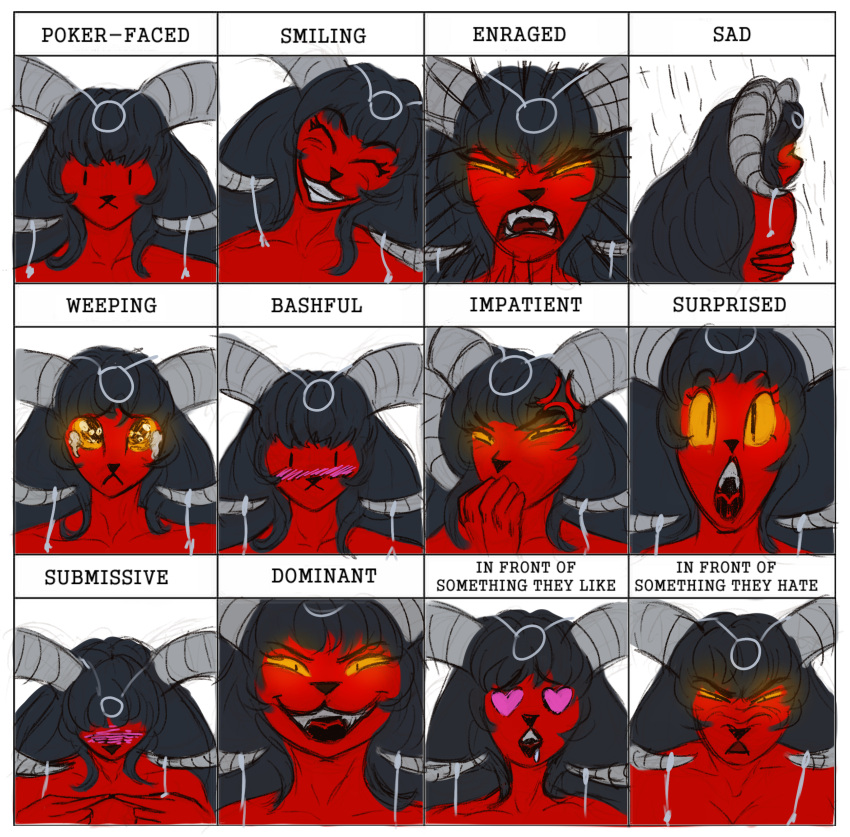absurd_res anthro bangs black_hair cute_expression cute_eyes demon emotional expression_sheet expressions felid female fur glowing glowing_eyes hair hi_res horn humanoid leopard lili_(umbraunderscore) long_hair looking_at_viewer mammal pantherine red_body red_fur red_skin smile solo succubus umbraunderscore yellow_eyes