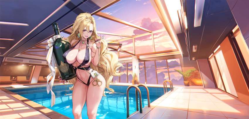 1girl armlet bag bikini black_bikini blonde_hair bottle bracelet breasts bust_cup chain_necklace cleavage cloud cloudy_sky collarbone covered_nipples cropped_legs cuffs cup deck_chair earrings fern gem glass_bottle hair_between_eyes handbag handcuffs highres holding holding_bottle holding_cup huge_breasts indoors jewelry last_origin linea_alba lipstick long_hair looking_at_viewer makeup nail_polish navel necklace o-ring o-ring_bikini official_alternate_costume official_art parted_lips pinkmill plant pool potted_plant pouring pouring_onto_self purple_eyes purple_lips purple_nails ribbon sadius_of_retribution simple_background sky sling_bikini_top standing sunset swimsuit tachi-e thick_thighs thighs third-party_source transparent_background v-shaped_eyebrows white_ribbon window