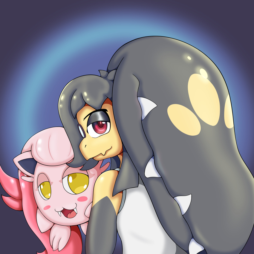 2_mouths ancient_pokemon anthro bedroom_eyes butt duo female feral generation_3_pokemon generation_9_pokemon hi_res icon looking_at_viewer male mawile mhicky93 mhicky_(mhicky93) multi_mouth narrowed_eyes nintendo paradox_pokemon pokemon pokemon_(species) profile scream_tail seductive tiva_(mhicky93)