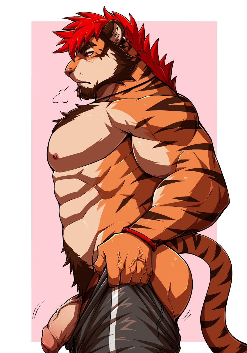 2023 abs absurd_res anthro biceps big_butt big_muscles bottomwear breasts bulge butt chest_fur clothed clothing detailed_bulge drks facial_hair felid foreskin fur genitals hair hi_res humanoid_genitalia humanoid_penis male mammal meme meme_clothing muscular muscular_anthro muscular_male nipples no_underwear orange_body pantherine pants pecs penis pubes pulling_up_pants red_hair redick simple_background solo striped_body stripes tiger tight_pants_(meme) vein veiny_penis wristband