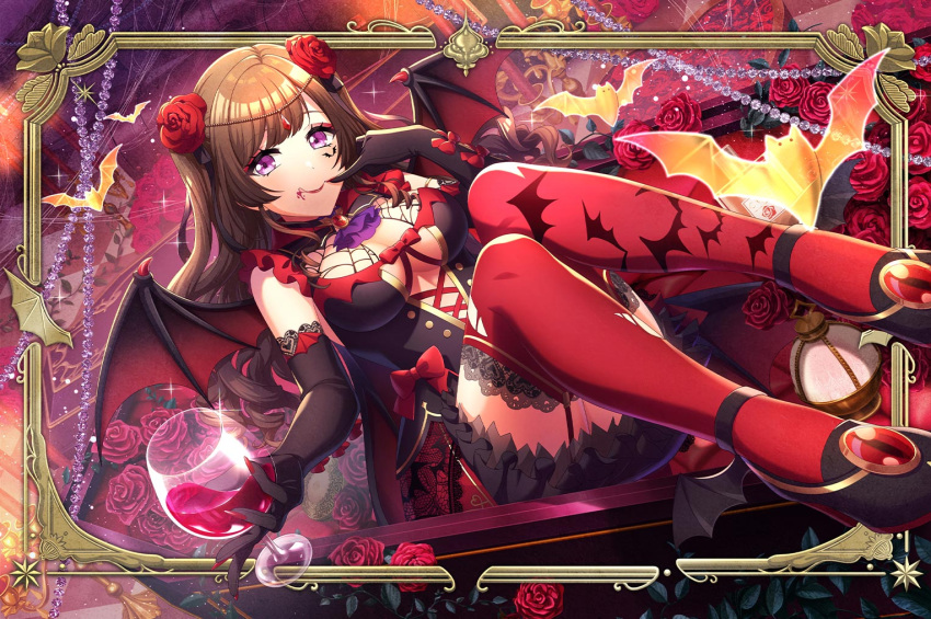 1girl alcohol bat_wings black_gloves black_skirt breasts brown_hair cleavage closed_mouth commentary_request cup d4dj drinking_glass elbow_gloves facial_mark flower frilled_skirt frills garter_straps gloves hair_flower hair_ornament halloween high_heels holding holding_cup lace-trimmed_thighhighs large_breasts licking_lips long_hair mizushima_marika official_art purple_eyes red_brooch red_flower red_rose red_thighhighs rose skirt smile solo sparkle thighhighs tongue tongue_out two_side_up wine wine_glass wings