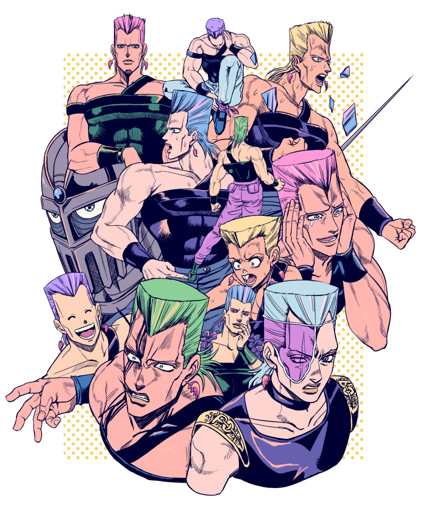 age_regression aged_down blonde_hair blood blood_on_face broken_glass buck_teeth cheekbones clone collar crying earrings flattop glass green_hair grey_hair hage_tashuumi hands_on_own_cheeks hands_on_own_face highres jean_pierre_polnareff jewelry jojo_no_kimyou_na_bouken laughing male_focus mullet multiple_persona off-shoulder_shirt off_shoulder official_style pink_hair purple_hair rapier shirt silver_chariot stardust_crusaders sword tears teeth vento_aureo weapon