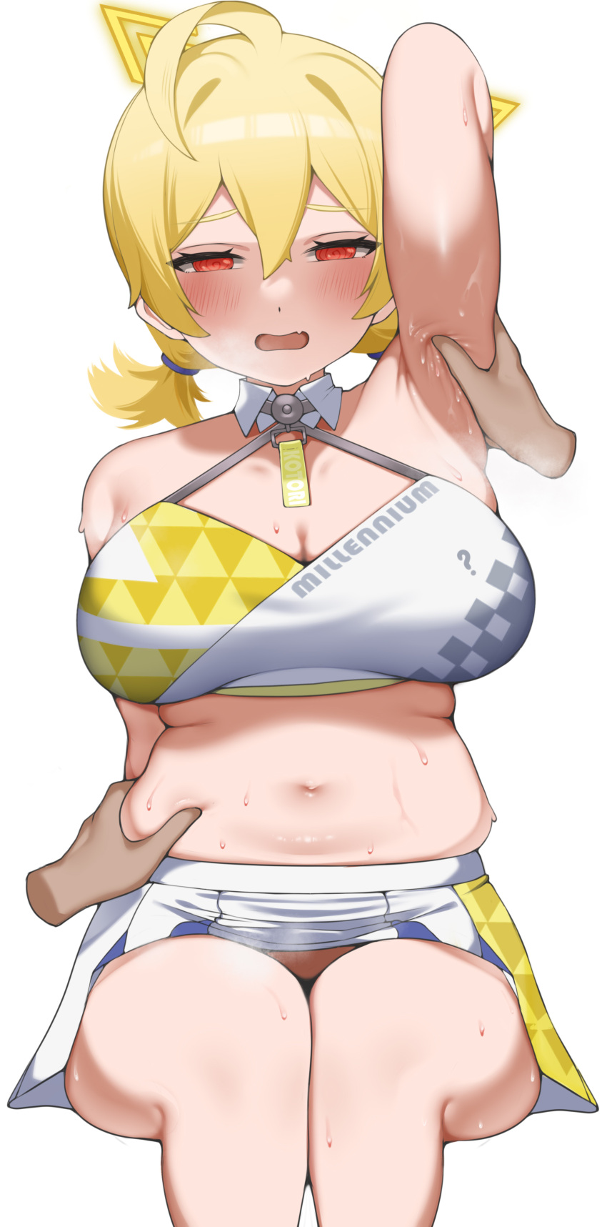 1girl ? @_@ absurdres ahoge arm_up armpits belly_grab blonde_hair blue_archive blush breasts character_name cleavage disembodied_limb feet_out_of_frame hair_between_eyes half-closed_eyes halo highres kotori_(blue_archive) kotori_(cheer_squad)_(blue_archive) large_breasts long_hair looking_at_viewer millennium_cheerleader_outfit_(blue_archive) miniskirt muffin_top mun_chan navel open_mouth plump red_eyes short_twintails simple_background sitting skirt solo_focus sweat triangle_halo twintails white_background white_skirt wing_collar yellow_halo