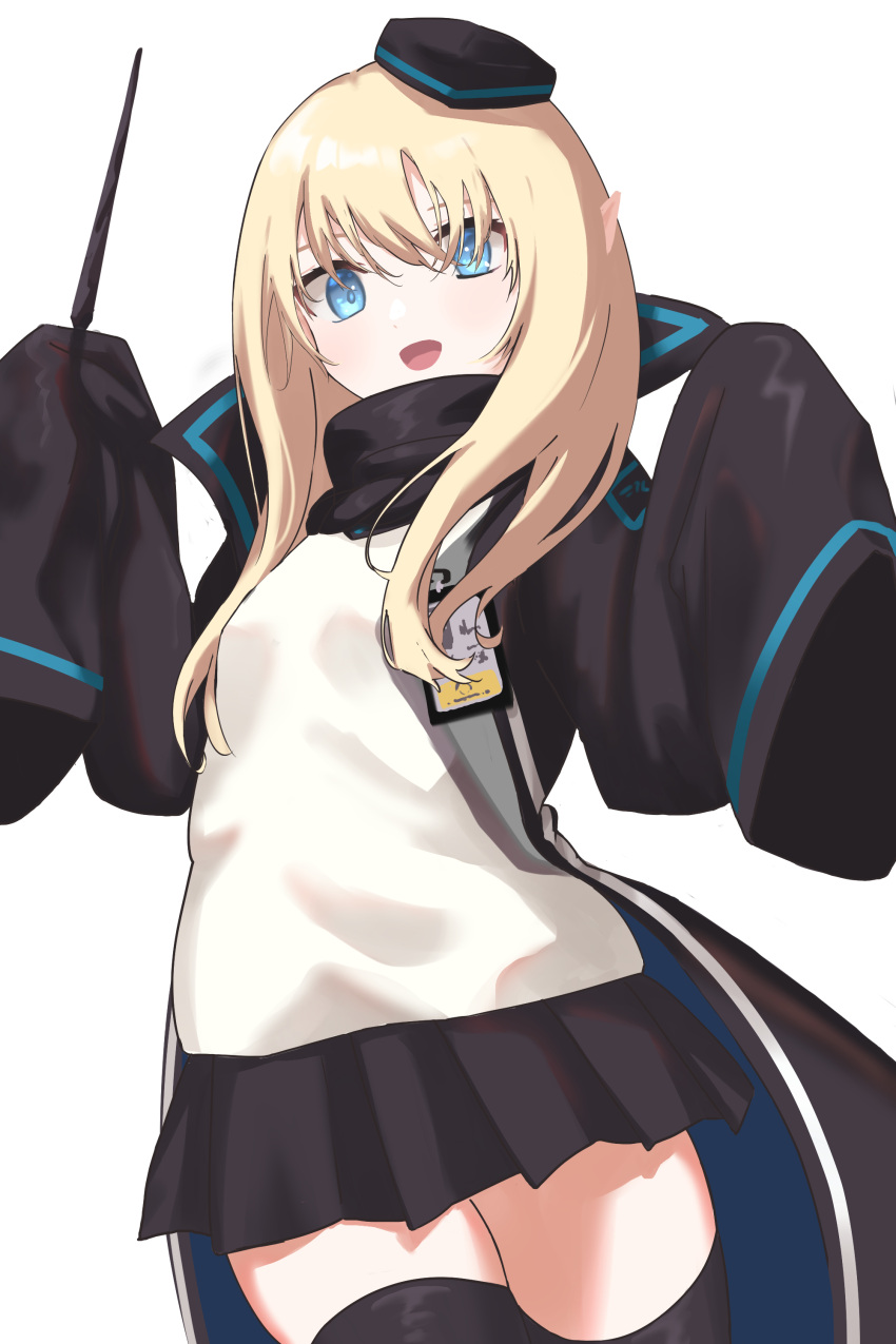 012_sasaki 1girl absurdres arknights black_coat black_headwear black_jacket black_skirt black_thighhighs blonde_hair blue_eyes coat durin_(arknights) hat highres holding holding_wand id_card jacket long_hair long_sleeves looking_at_viewer open_clothes open_mouth pointy_ears shirt simple_background skirt sleeves_past_fingers sleeves_past_wrists solo thighhighs wand white_background white_shirt zettai_ryouiki