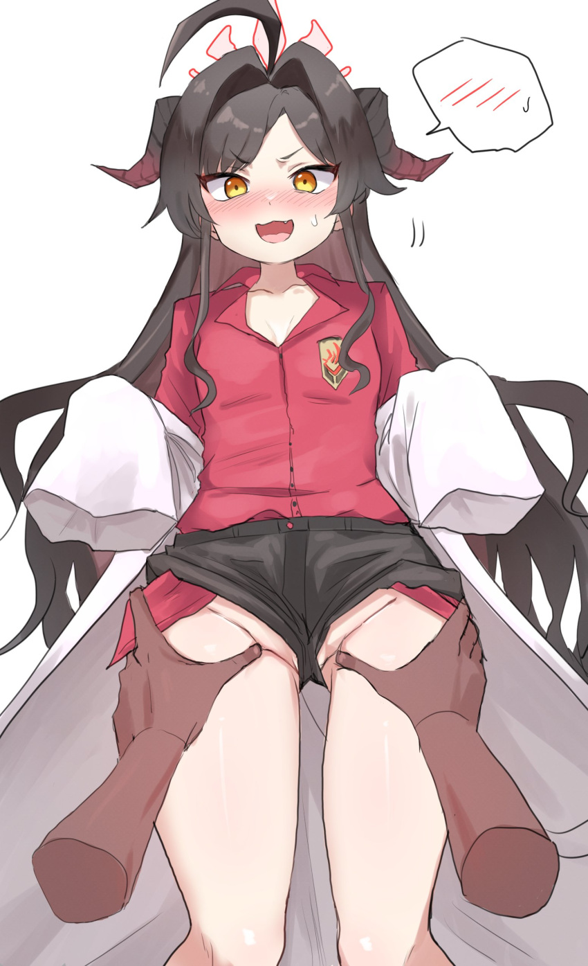 1girl absurdres blue_archive brown_hair flat_chest groin highres horns kasumi_(blue_archive) long_sleeves looking_at_viewer open_mouth red_shirt roly shirt shorts solo sweatdrop thigh_grab thought_bubble yellow_eyes