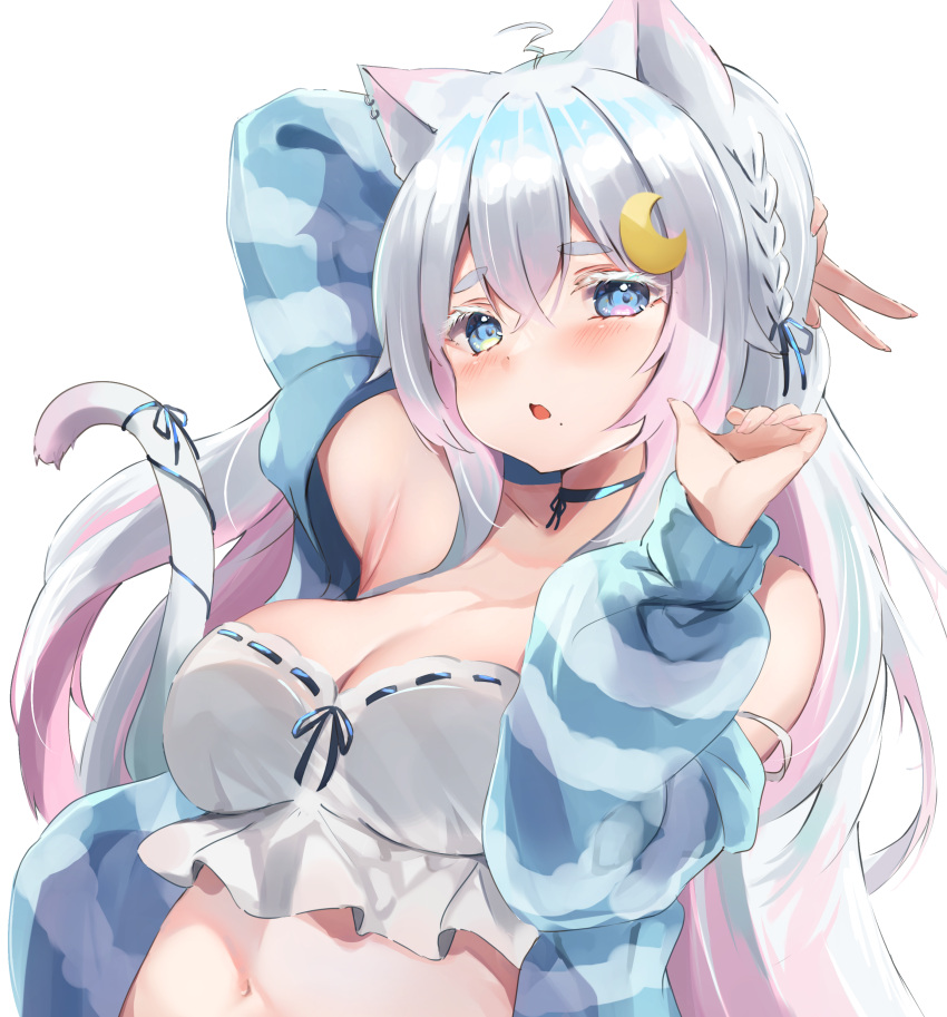 1girl absurdres ahoge animal_ear_piercing animal_ears arm_up armpits blue_choker blue_eyes blue_jacket blue_ribbon blush braid breasts cat_ears cat_tail choker cleavage commentary_request cropped_shirt grey_hair hair_ribbon hand_up highres jacket large_breasts long_sleeves looking_at_viewer midriff mihasu mole mole_under_mouth nekono_yukino off_shoulder open_mouth re:act ribbon shirt solo tail thick_eyebrows transparent_background upper_body v virtual_youtuber white_hair white_shirt