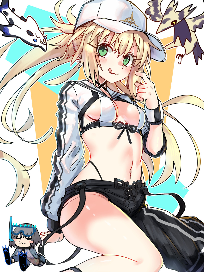 1girl absurdres artoria_caster_(fate) artoria_caster_(swimsuit)_(fate) artoria_pendragon_(fate) asymmetrical_clothes asymmetrical_pants bikini blonde_hair breasts cropped_jacket ebora fate/grand_order fate_(series) green_eyes hat highres looking_at_viewer midriff navel oberon_(fate) open_fly pants shrug_(clothing) simple_background single_pantsleg swimsuit tongue tongue_out visor_cap white_bikini