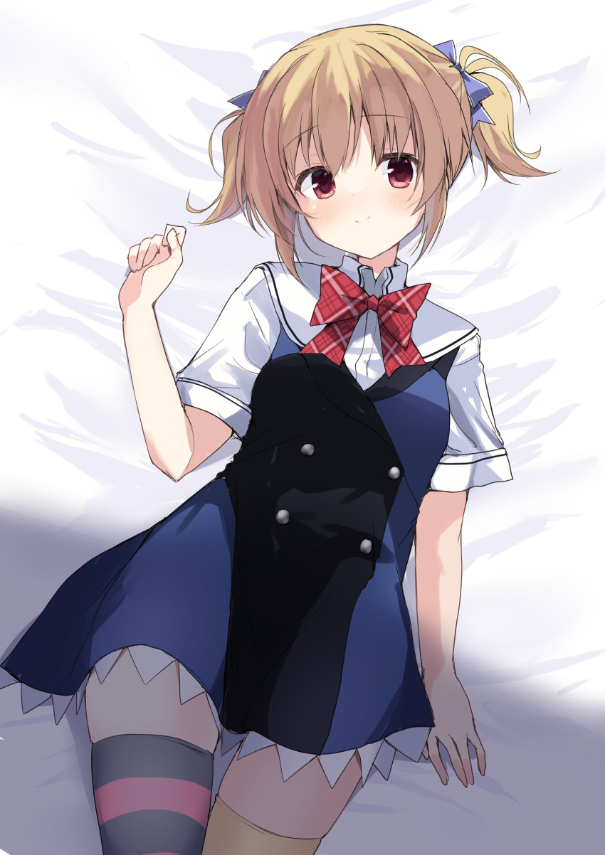 1girl arm_at_side asymmetrical_legwear bed_sheet black_dress blue_bow blue_dress blush bow breasts brown_hair closed_mouth commentary_request cowboy_shot dress eyelashes frilled_dress frills grisaia_(series) grisaia_no_kajitsu hair_between_eyes hair_bow hand_up happy head_tilt highres irisu_makina looking_at_viewer lying mismatched_legwear on_back plaid plaid_bow red_bow red_eyes sailor_collar school_uniform shirt short_dress short_hair short_sleeves short_twintails skindentation small_breasts smile solo striped striped_thighhighs takepoison thighhighs twintails two-tone_dress white_sailor_collar white_shirt yellow_thighhighs zettai_ryouiki