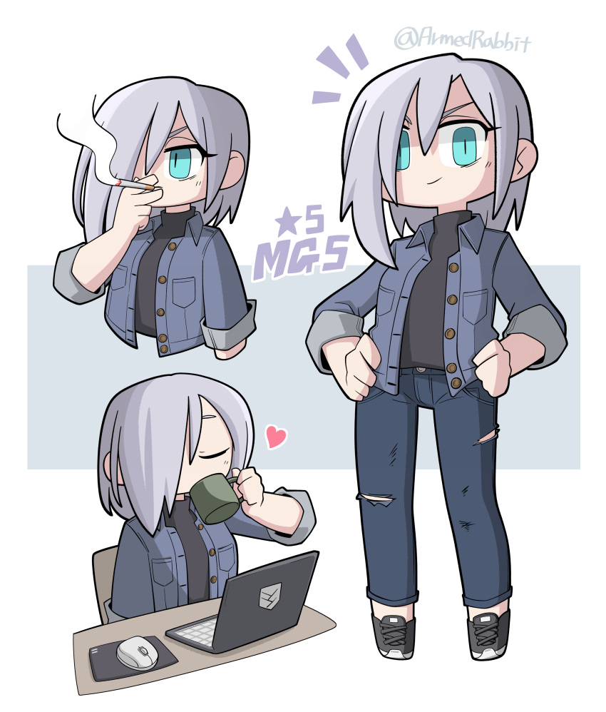 1girl absurdres armedrabbit artist_name black_footwear black_shirt blue_jacket blue_pants breasts character_name cigarette closed_eyes closed_mouth commission computer cup denim denim_jacket drinking full_body girls'_frontline grey_background grey_hair griffin_&amp;_kryuger hair_between_eyes hair_over_one_eye hand_up hands_on_own_hips heart highres holding holding_cup jacket laptop looking_at_viewer medium_breasts medium_hair mg5_(girls'_frontline) mouse non-web_source open_clothes open_jacket pants second-party_source shirt shirt_tucked_in shoes simple_background sleeves_rolled_up smile smoking torn_clothes turtleneck two-tone_background upper_body white_background