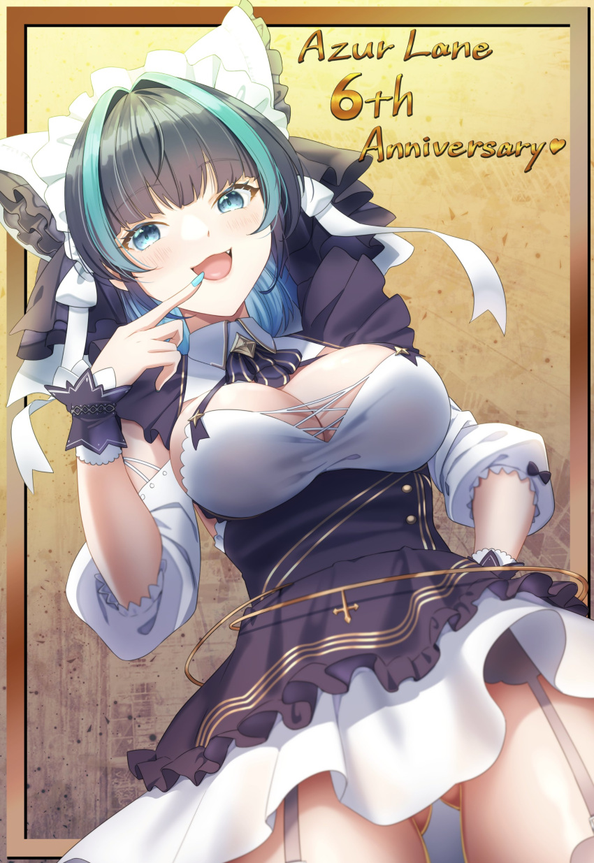 1girl absurdres animal_ears apron aqua_eyes arm_garter ass_visible_through_thighs azur_lane black_hair blue_eyes blush breasts cheshire_(azur_lane) cleavage cowboy_shot detached_sleeves dress fake_animal_ears finger_to_mouth frilled_hairband frilled_ribbon frills garter_straps hairband highres long_ribbon looking_at_viewer maid_headdress multicolored_hair nail_polish no_panties puffy_detached_sleeves puffy_sleeves purple_apron ribbon see-through see-through_cleavage smile solo streaked_hair takemi_mochi two-tone_hair white_garter_straps wrist_cuffs