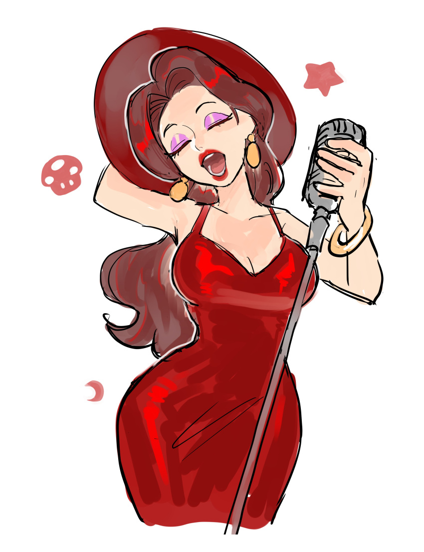 1girl absurdres bracelet breasts brown_hair cleavage closed_eyes cropped_legs dress earrings eyeshadow hat highres holding holding_microphone jewelry large_breasts long_hair makeup mario_(series) microphone microphone_stand open_mouth oshirimarsh pauline_(mario) red_dress red_lips simple_background solo white_background