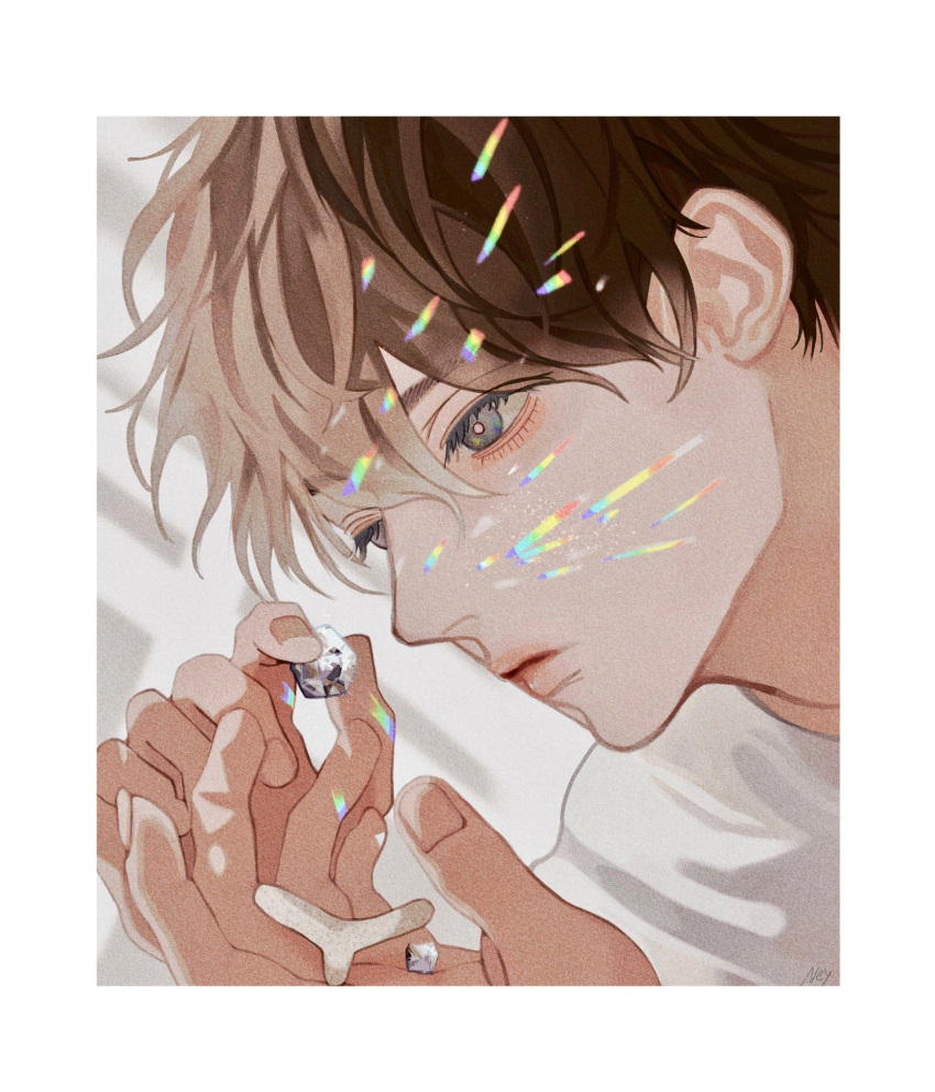 1boy blue_eyes border brown_hair closed_mouth cognacbear gem highres holding holding_gem looking_at_object male_focus original reflection short_hair spectral sweater white_border white_sweater