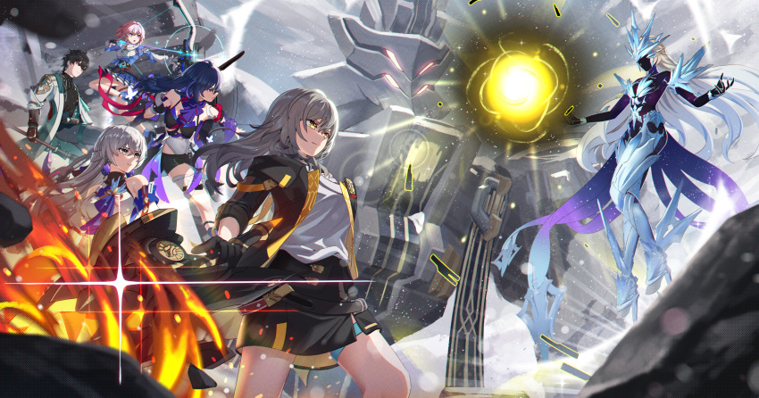 1boy 5girls ahoge aiming bare_shoulders black_gloves black_hair black_jacket black_shirt black_shorts black_skirt blue_hair blue_scarf blue_skirt bow_(weapon) breasts bronya_rand chinese_clothes closed_mouth coat cocolia_rand crown cruzvu dan_heng_(honkai:_star_rail) detached_sleeves earrings english_commentary fighting fighting_stance fire gloves grey_eyes grey_hair high_heels highres holding holding_scythe holding_weapon honkai:_star_rail honkai_(series) jacket jewelry long_hair making-of_available march_7th_(honkai:_star_rail) medium_breasts medium_hair multiple_girls open_clothes open_coat open_jacket open_mouth orb outdoors pants pink_hair red_armband robot scarf scythe seele_(honkai:_star_rail) shirt short_hair short_shorts shorts skirt smile snow spoilers stelle_(honkai:_star_rail) thigh_strap trailblazer_(honkai:_star_rail) weapon white_coat white_sleeves yellow_eyes