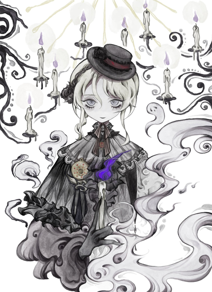 1girl black_dress black_headwear blonde_hair candle character_name commentary dress file ghost grey_eyes hat highres looking_at_viewer lord_of_the_mysteries sharron_(lord_of_the_mysteries) short_hair sidelocks smoke solo upper_body yuiyuki89