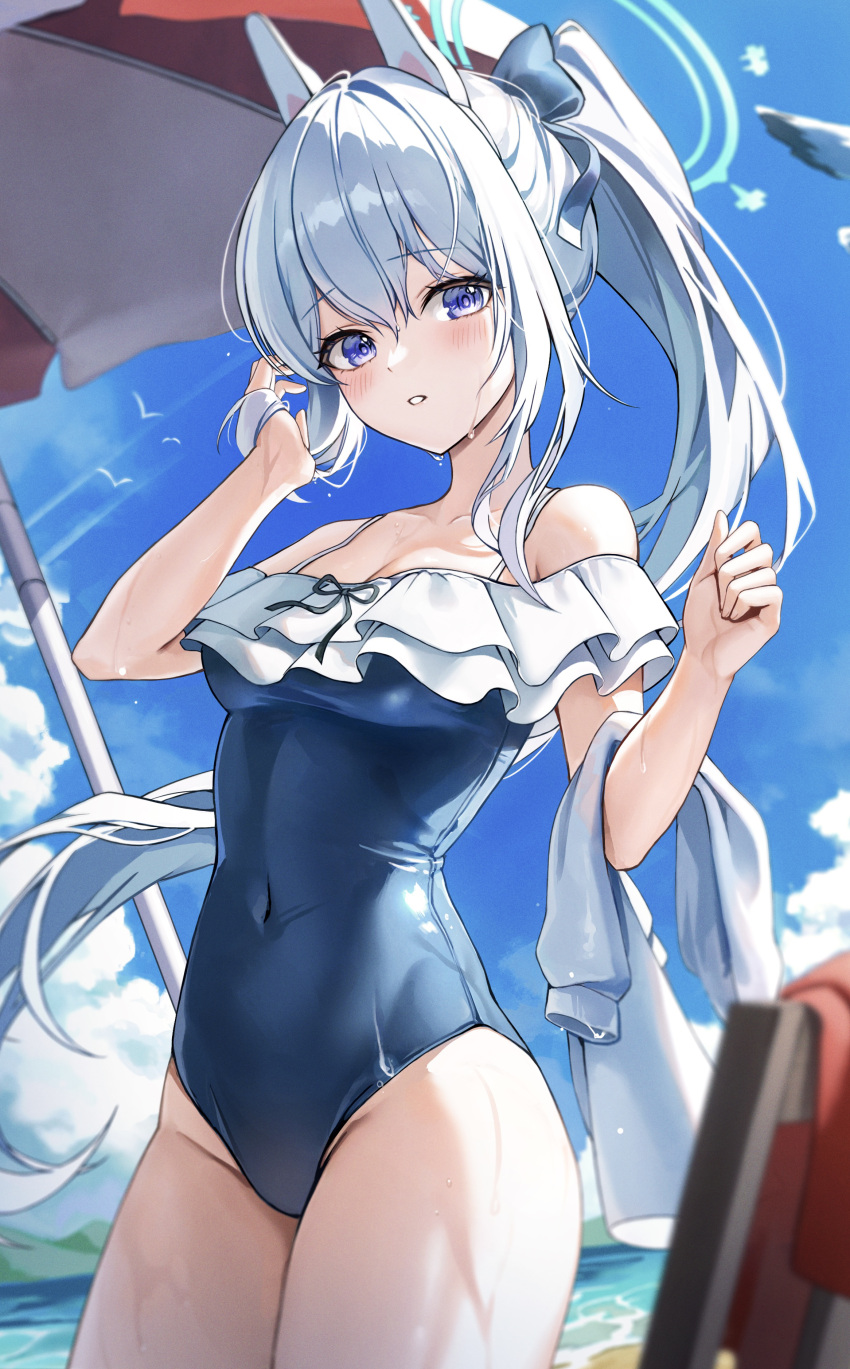 1girl absurdres bare_shoulders beach_umbrella blue_archive blue_eyes blue_one-piece_swimsuit blue_sky blush breasts casual_one-piece_swimsuit cleavage collarbone covered_navel cowboy_shot day frilled_one-piece_swimsuit frills grey_hair halo headgear highres long_hair medium_breasts miyako_(blue_archive) one-piece_swimsuit outdoors parted_lips ponytail ruhia sidelocks sky solo swimsuit umbrella