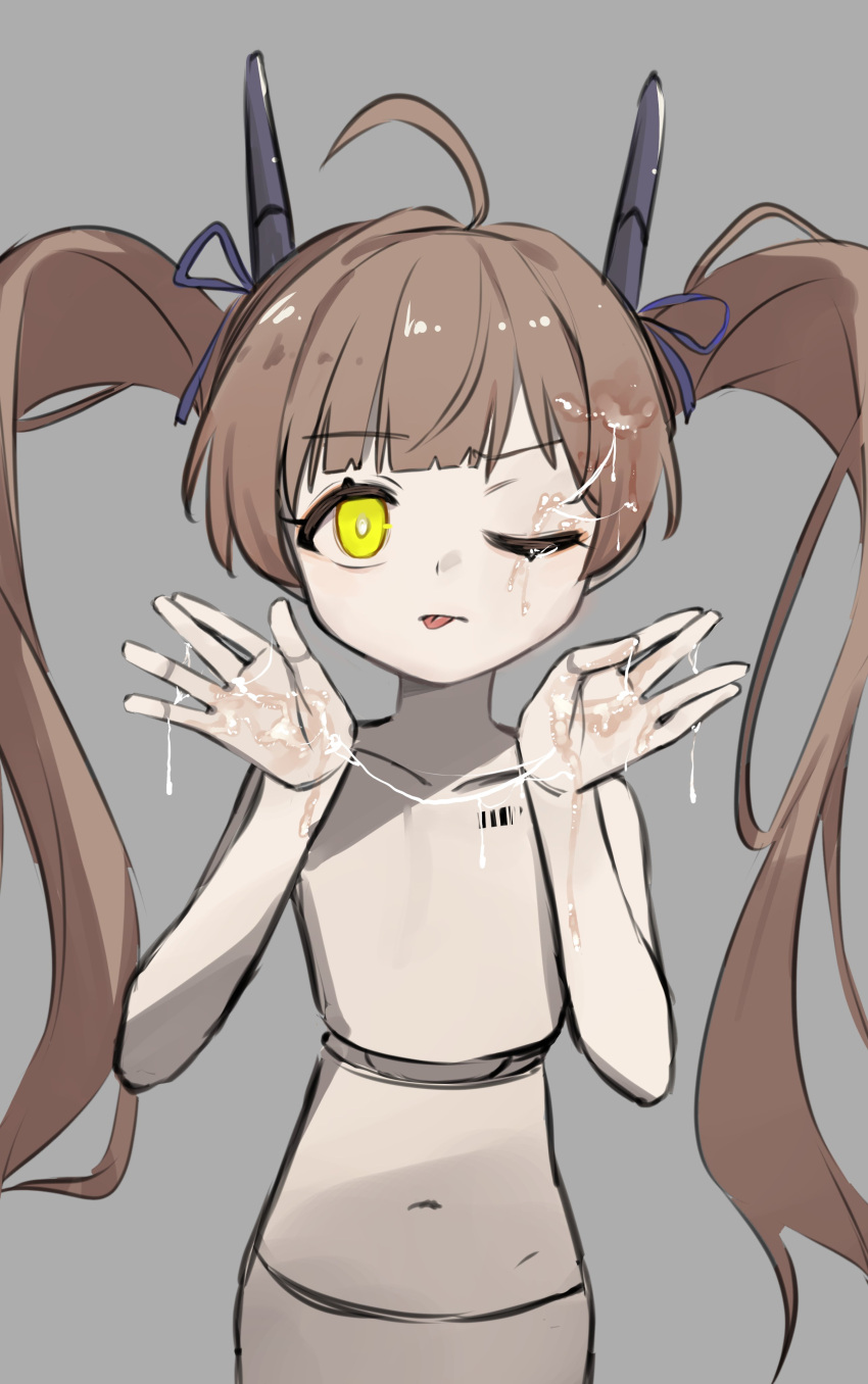 1girl absurdres ahoge android antennae barcode blue_ribbon collarbone commentary cum cum_in_eye cum_on_hair cum_on_hands expressionless flat_chest grey_background hair_ribbon hakozaki_serika hands_up highres idolmaster idolmaster_million_live! joints kouki_(chancegak) long_hair looking_at_viewer navel no_nipples nude one_eye_closed ribbon solo tongue twintails yellow_eyes