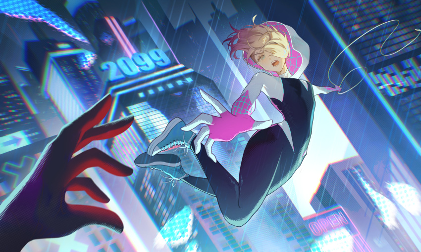 1boy 1girl absurdres blonde_hair bodysuit city colored_tips gwen_stacy highres hood hooded_bodysuit marvel midair multicolored_hair night outstretched_arm pov rain shoes sidecut silk sneakers spider-gwen spider-man:_across_the_spider-verse spider-man_(miles_morales) spider-man_(series) spider_web spider_web_print symbiote user_fnja8843