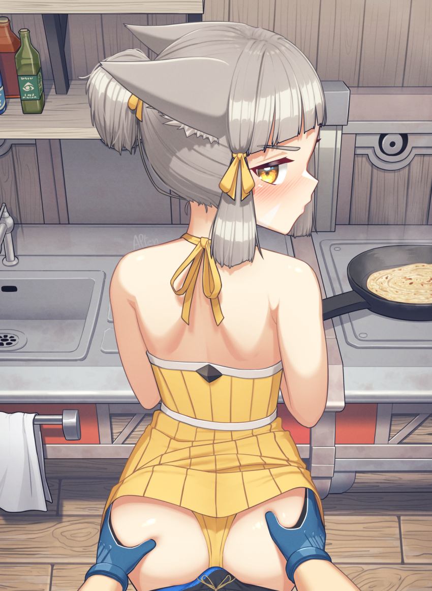 1boy 1girl alten alternate_costume alternate_hairstyle animal_ears ass ass_grab blue_gloves blush bulge bulge_to_ass cat_ears clothes_lift cooking dated_commentary dress dress_lift english_commentary facial_mark from_behind frying_pan gloves grey_hair grinding hair_ribbon hetero highres kitchen looking_at_viewer looking_back nia_(xenoblade) panties ponytail pov rex_(xenoblade) ribbon short_hair short_ponytail sink solo_focus stove underwear variant_set whisker_markings xenoblade_chronicles_(series) xenoblade_chronicles_2 yellow_eyes yellow_panties