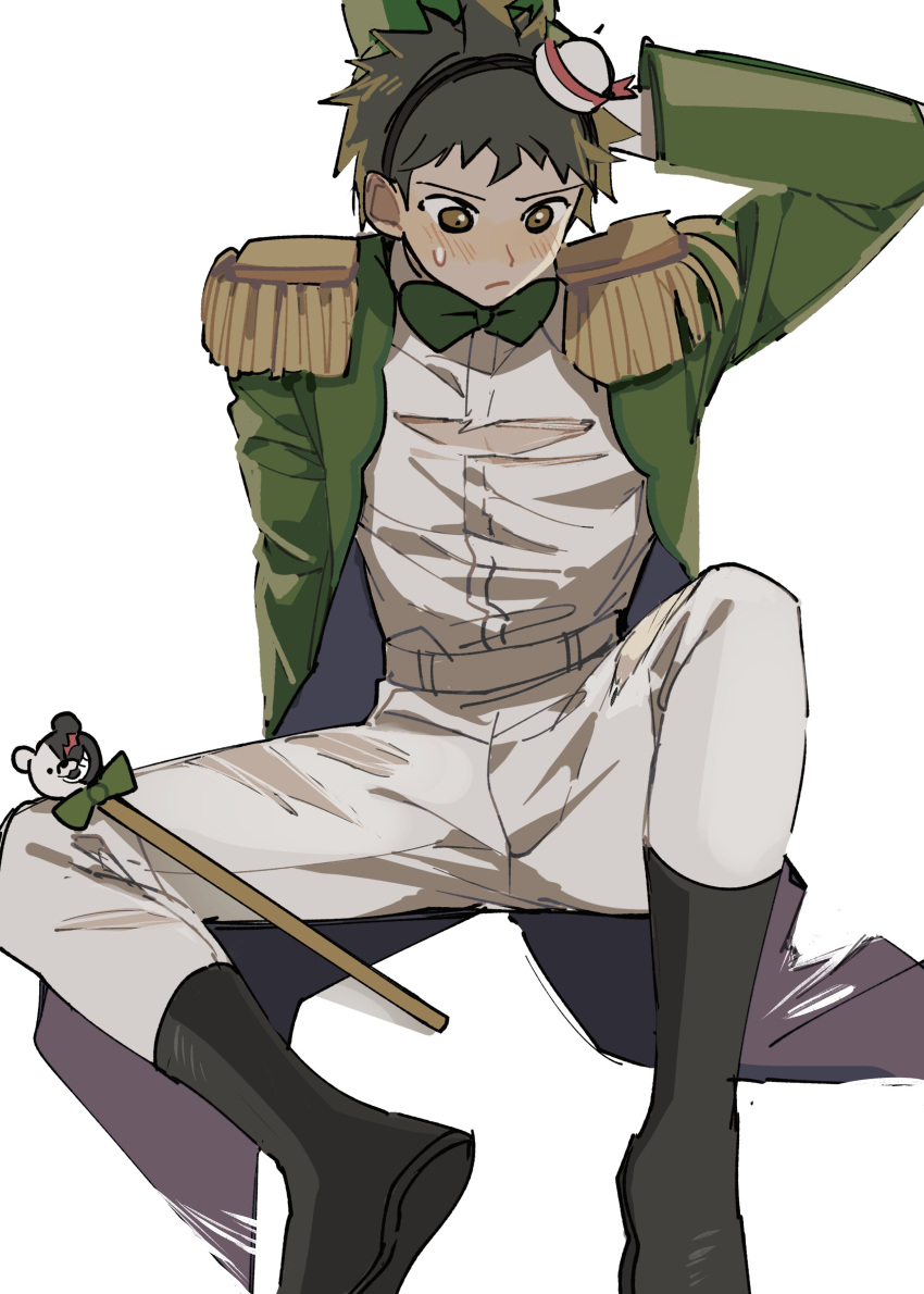 1boy :/ absurdres alternate_costume black_footwear blush bow bowtie brown_hair danganronpa_(series) danganronpa_2:_goodbye_despair green_bow green_bowtie green_eyes green_headwear green_jacket gu_(cubtable) hairband highres hinata_hajime jacket looking_down male_focus monokuma pants shirt short_hair simple_background solo staff_(music) sweatdrop white_background white_pants white_shirt