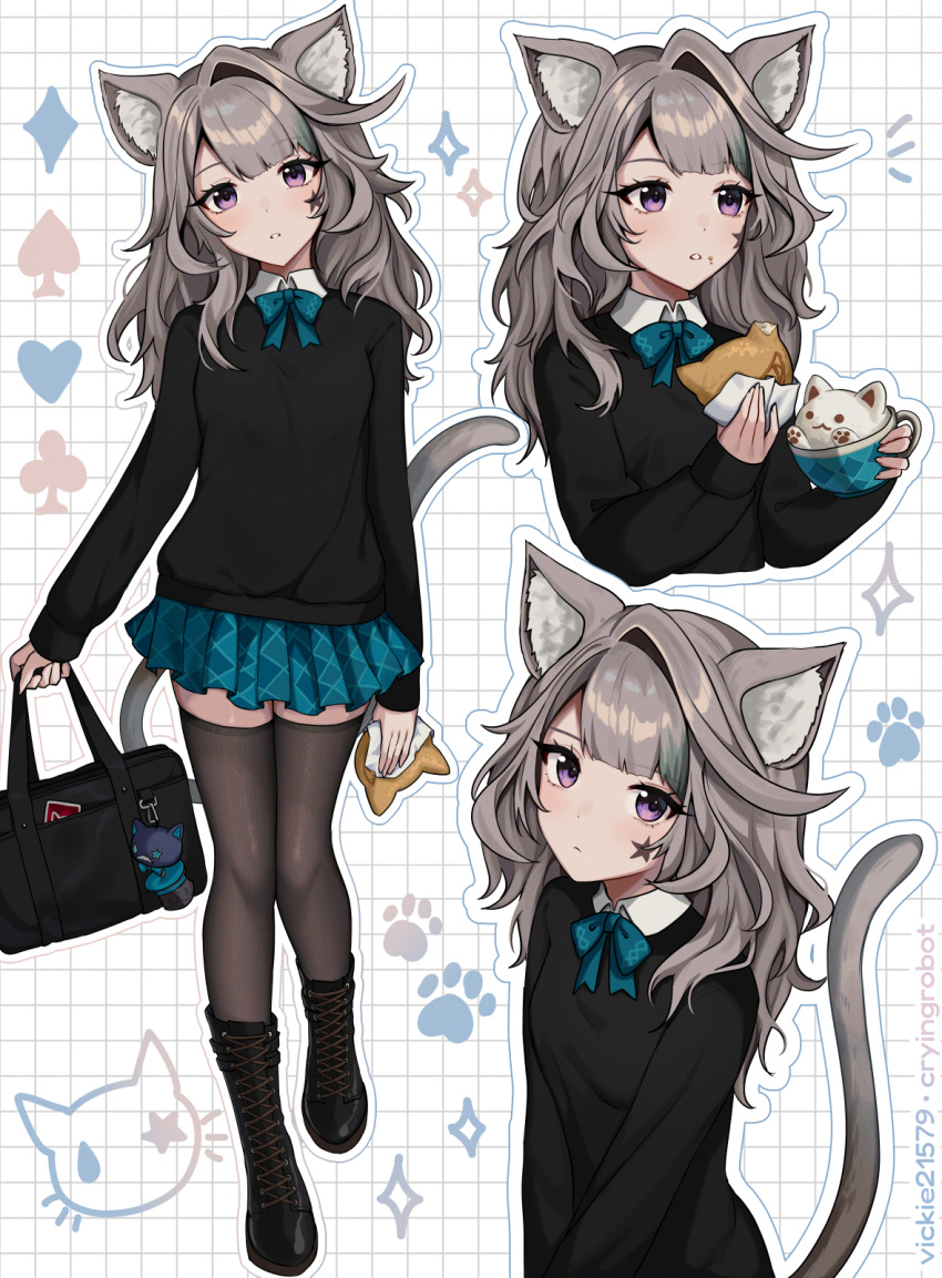 1girl animal_ear_fluff animal_ears bag black_footwear black_sweater blue_bow blue_skirt blush boots bow brown_hair brown_thighhighs cat_ears cat_girl cat_tail club_(shape) collared_shirt commentary_request cross-laced_footwear diamond_(shape) facial_mark food food_on_face genshin_impact head_tilt heart highres holding holding_bag holding_food lace-up_boots long_hair long_sleeves lynette_(genshin_impact) miniskirt multiple_views parted_lips puffy_long_sleeves puffy_sleeves purple_eyes school_bag school_uniform shirt single_hair_intake skirt sleeves_past_wrists spade_(shape) sparkle standing standing_on_one_leg star_(symbol) sweater tail thighhighs thighhighs_under_boots vickie_(cryingrobot) white_background white_shirt