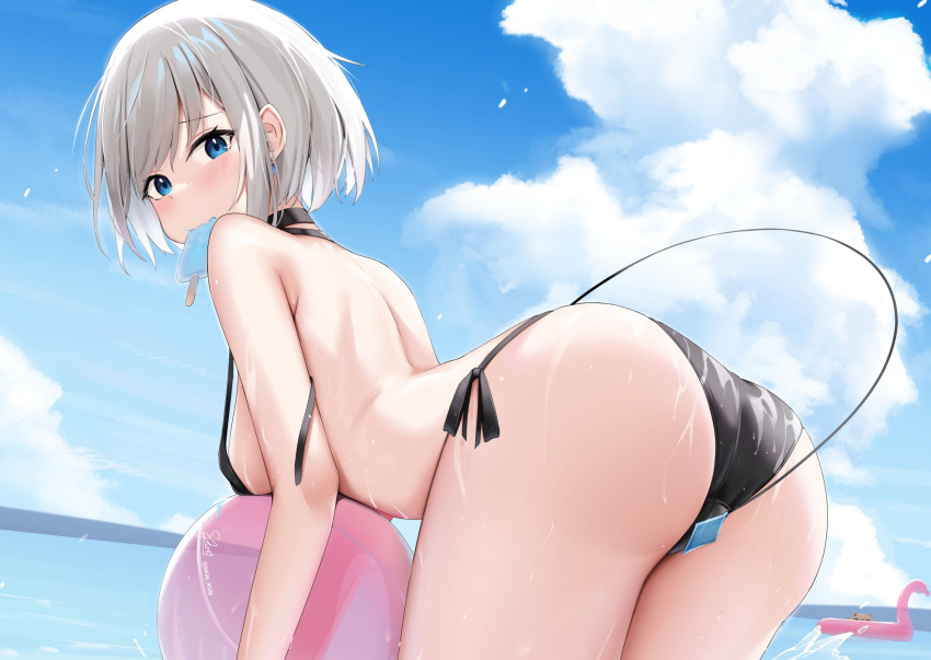 1girl ass ball beachball bent_over bikini black_bikini blue_eyes breasts commission elly_(vstreamer) food highres ice_cream indie_virtual_youtuber large_breasts looking_at_viewer ocean outdoors short_hair skai_kun sky solo swimsuit tail thighs virtual_youtuber wet white_hair
