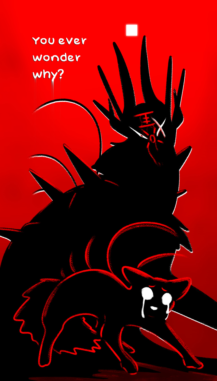 absurd_res ambiguous_gender arched_back armor blood blood_pool bodily_fluids bristled_fur bristled_tail concept_art crying distressed drip_effect drop_shadow duo english_text feral frill_(anatomy) fur glaring hi_res horn kayw2324 looming poster_design rain_world red_background red_eyes red_lines scar scavenger_(rain_world) shaded silhouette simple_background simple_shading slugcat_(rain_world) spikes standing symbol tears text white_eyes