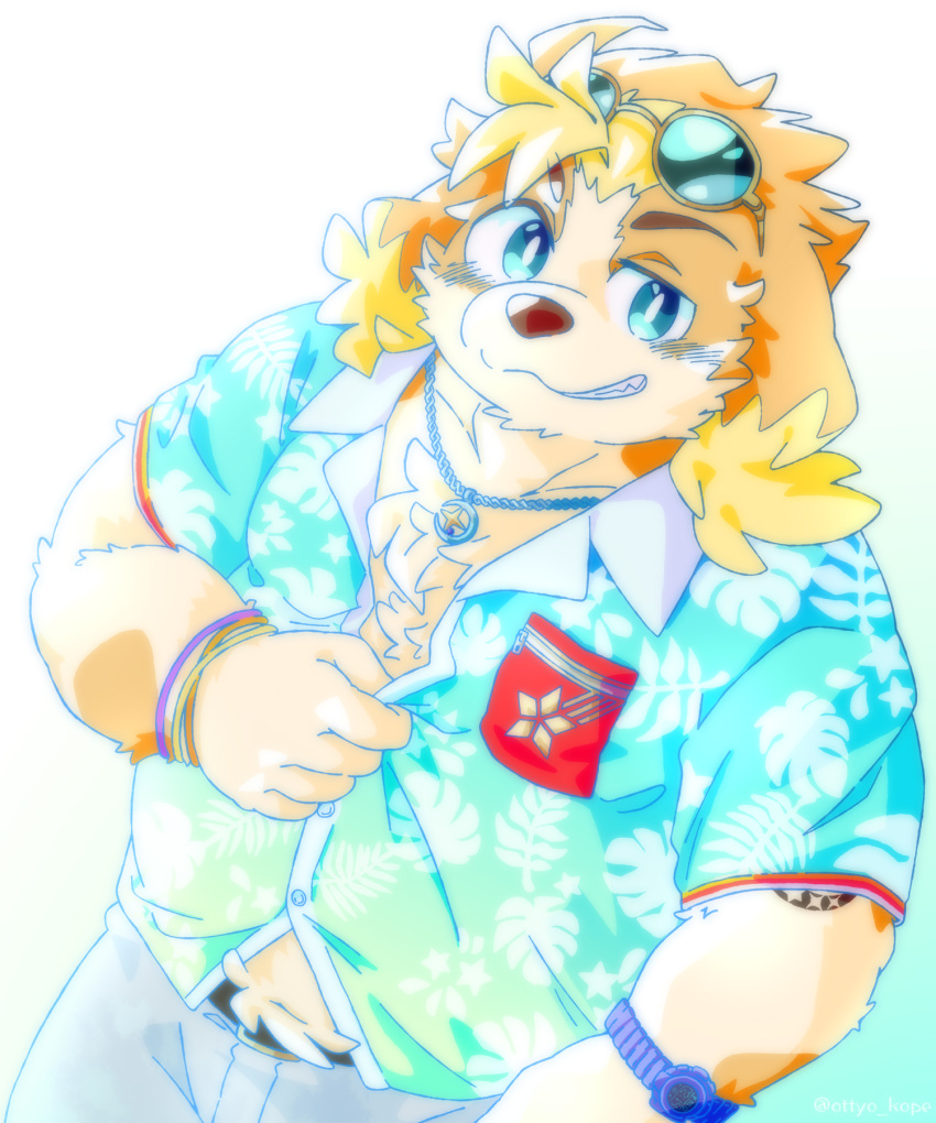 5:6 aloha_shirt anthro belly blonde_hair blue_eyes canid canine canis clothing domestic_dog eyewear floppy_ears grin hair hi_res hisaki_(live_a_hero) jewelry lifewonders live_a_hero male mammal necklace ottyo_kope pattern_clothing pattern_shirt pattern_topwear shirt slightly_chubby smile solo sunglasses tattoo topwear
