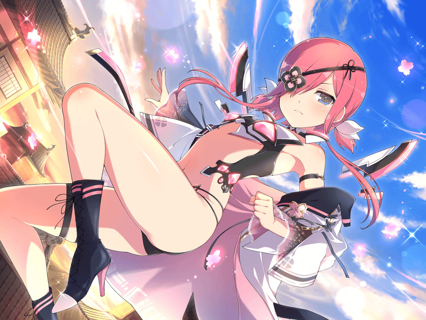 1girl architecture blue_eyes blush bow cloud day east_asian_architecture eyepatch flat_chest frown glowing_lines high_heels highres kazakiri_(senran_kagura) navel official_alternate_costume official_art pink_hair revealing_clothes senran_kagura senran_kagura_new_link thigh_strap yaegashi_nan