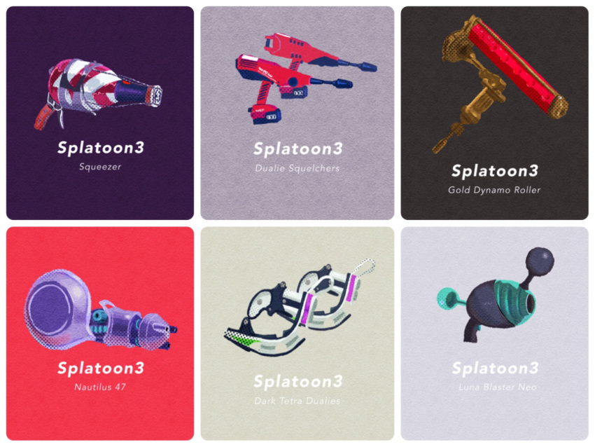 black_background border bottle commentary_request dualie_squelcher_(splatoon) dynamo_roller_(splatoon) gatling_gun gold grey_background gun highres illust_syati luna_blaster_(splatoon) multiple_views nautilus_(splatoon) no_humans paint_roller red_background splatoon_(series) splatoon_2 squeezer_(splatoon) tetra_dualies_(splatoon) weapon weapon_focus white_border wine_bottle