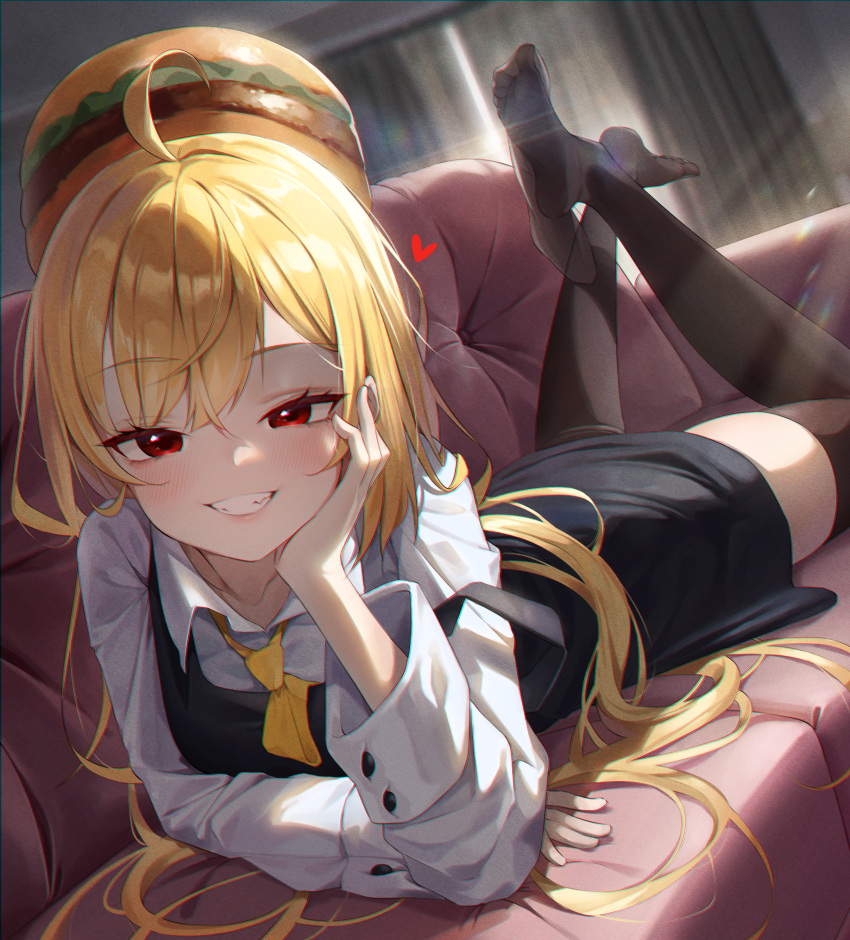 1girl absurdres ahoge akgrn black_dress black_thighhighs blonde_hair blush collared_shirt couch curtains dress dress_shirt elbow_rest feet feet_up grin half-closed_eyes hamburger_hat hand_on_own_cheek hand_on_own_face head_rest heart highres indoors jingburger long_hair long_sleeves looking_at_viewer lying necktie no_shoes on_stomach pinafore_dress red_eyes see-through shirt short_dress sleeveless sleeveless_dress smile smirk solo teeth thighhighs very_long_hair virtual_youtuber waktaverse white_shirt wing_collar yellow_necktie zettai_ryouiki