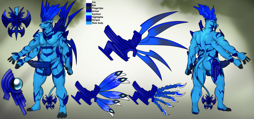 3_toes 4_arms 5_fingers abs absurd_res anthro armor balls big_penis blade blue_body blue_eyes blue_penis butt disney english_text eyeliner fangs feathered_wings feathers feet felid fingers franubis front_view gem genitals hi_res humanoid_genitalia humanoid_penis leopard makeup male mammal markings model_sheet multi_arm multi_limb pantherine penis rear_view rydrake spectrobe spectrobes tail tail_blade teeth text toes weapon_tail wings