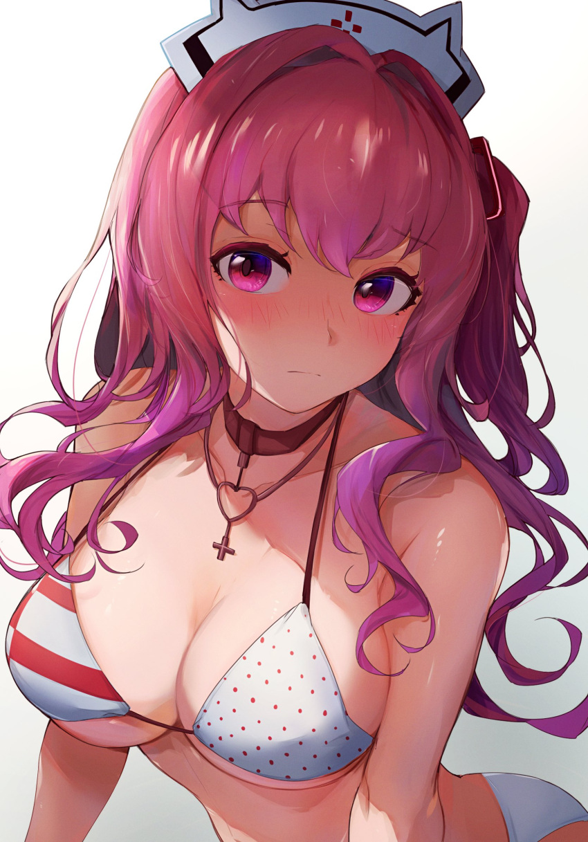 1girl bare_shoulders bikini blurry breasts closed_mouth goddess_of_victory:_nikke hat highres large_breasts pepper_(nikke) pepper_(ocean_vitamin)_(nikke) pink_eyes pink_hair ra_mun5239 side_ponytail simple_background solo swimsuit white_bikini white_headwear