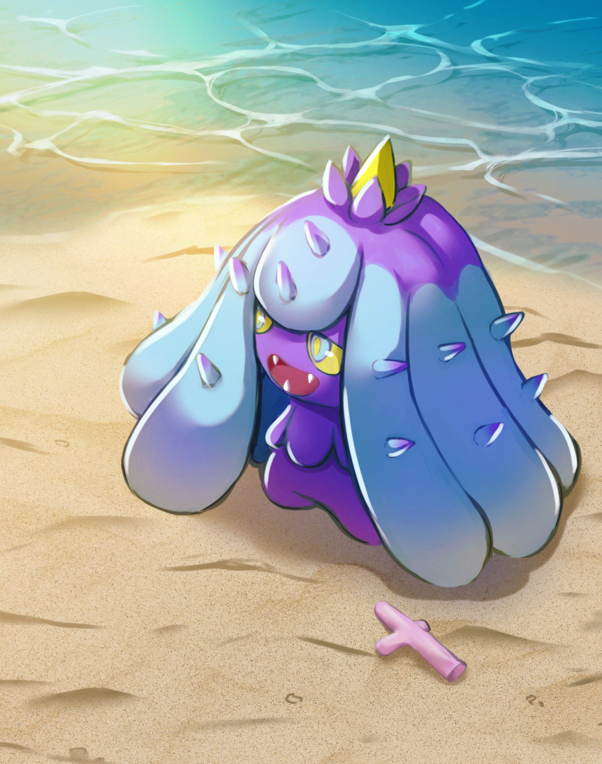 :d blue_eyes colored_sclera commentary_request coral day fangs highres mareanie no_humans open_mouth outdoors pokemon pokemon_(creature) sand shore smile solo water yellow_pupils yellow_sclera yuuki510510