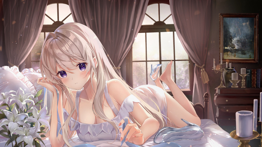 1girl absurdres bare_shoulders blue_ribbon book breasts candle candlestand cleavage commentary commission curtains dress english_commentary feet_up flower glass_slipper grey_hair highres holding holding_ribbon indoors large_breasts light_smile lily_(flower) lims_(neko2lims) long_hair looking_at_viewer lying nail_polish on_bed original painting_(object) parted_lips pillow pink_nails purple_eyes ribbon shoes shoes_removed single_shoe solo white_dress white_flower white_lily window