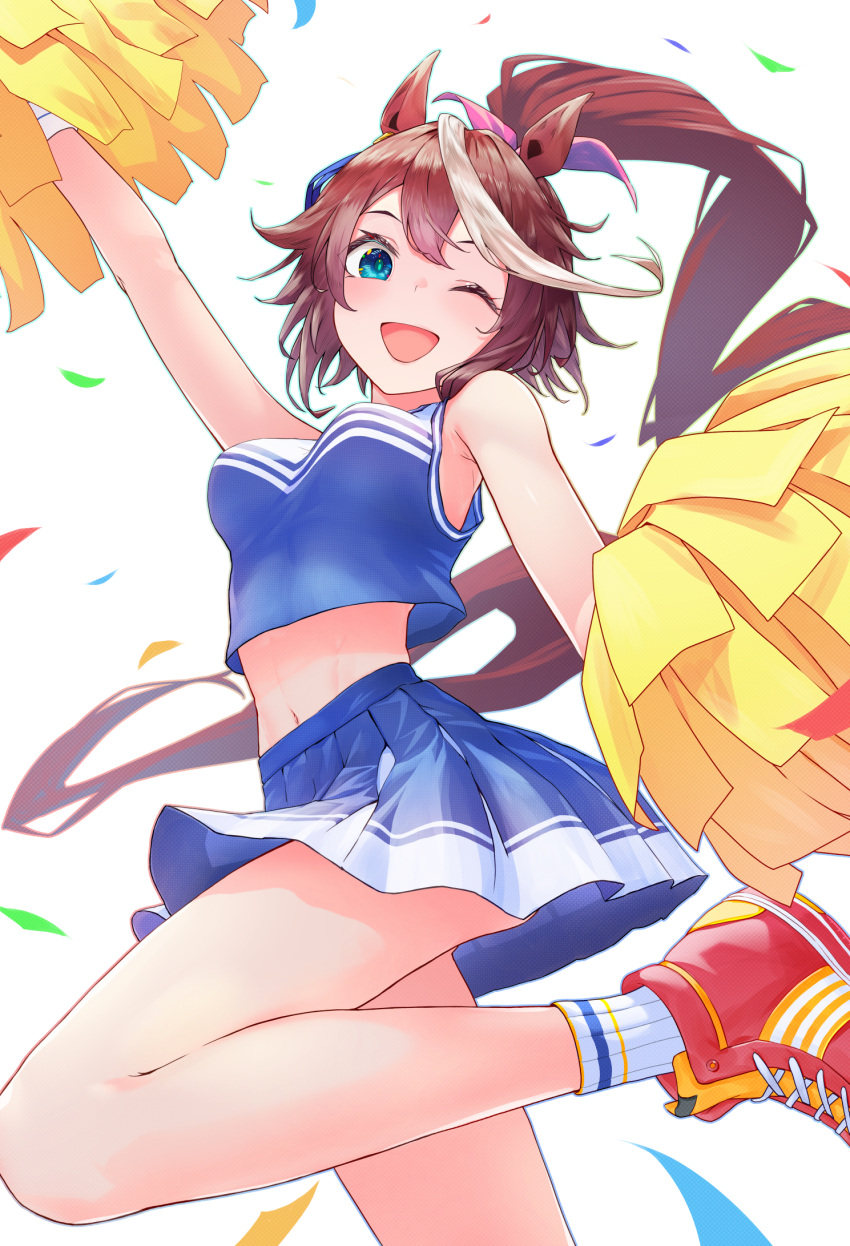 1girl animal_ears arm_up armpits bare_shoulders blue_eyes blue_shirt blue_skirt bow breasts cheerleader commentary_request confetti ear_ornament foot_out_of_frame hair_between_eyes highres holding holding_pom_poms horse_ears horse_girl horse_tail long_hair medium_breasts midriff nabe_puyo navel one_eye_closed open_mouth pink_bow pleated_skirt pom_pom_(cheerleading) ponytail red_footwear shirt shoes simple_background skirt sleeveless sleeveless_shirt smile sneakers socks solo tail tokai_teio_(umamusume) umamusume very_long_hair white_background white_socks