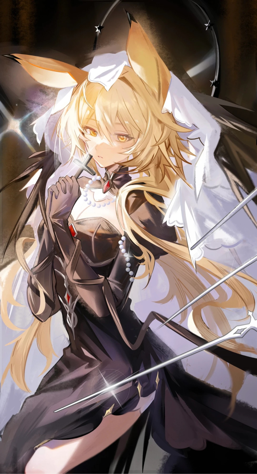 1girl animal_ears arknights black_dress black_gloves blonde_hair breasts cleavage cleavage_cutout clothing_cutout commentary_request cross dorothy_(arknights) dorothy_(hand_of_destiny)_(arknights) dress feet_out_of_frame gloves highres holding holding_cross jewelry juliet_sleeves juweibingbang long_hair long_sleeves looking_at_viewer mouse_ears mouse_girl necklace official_alternate_costume own_hands_clasped own_hands_together parted_lips pearl_necklace puffy_sleeves solo star_(symbol) veil very_long_hair white_veil yellow_eyes