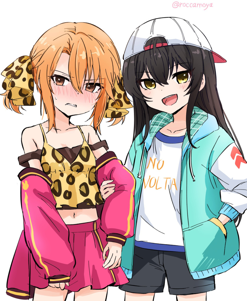 2girls :d animal_print backwards_hat baseball_cap black_shorts blush brown_hair camisole collarbone cosplay costume_switch detached_sleeves hair_ribbon hand_in_pocket hat highres hood hoodie idolmaster idolmaster_cinderella_girls leopard_print long_hair looking_at_viewer matoba_risa midriff multiple_girls off_shoulder orange_hair pink_skirt pleated_skirt print_ribbon ribbon roccamoya short_hair shorts skirt smile sweatdrop twitter_username yuuki_haru