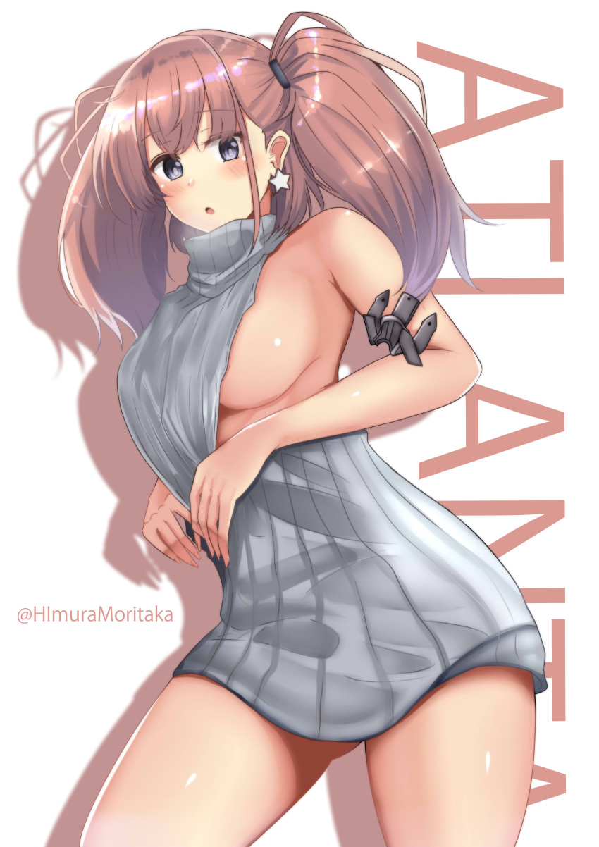 1girl absurdres alternate_costume anchor_hair_ornament ass_visible_through_thighs atlanta_(kancolle) blush breasts character_name commentary_request cow earrings grey_eyes grey_sweater hair_ornament highres himura_moritaka jewelry kantai_collection large_breasts looking_at_viewer meme_attire parted_lips red_hair sideboob simple_background sleeveless sleeveless_sweater solo star_(symbol) star_earrings sweater twintails twitter_username virgin_killer_sweater white_background