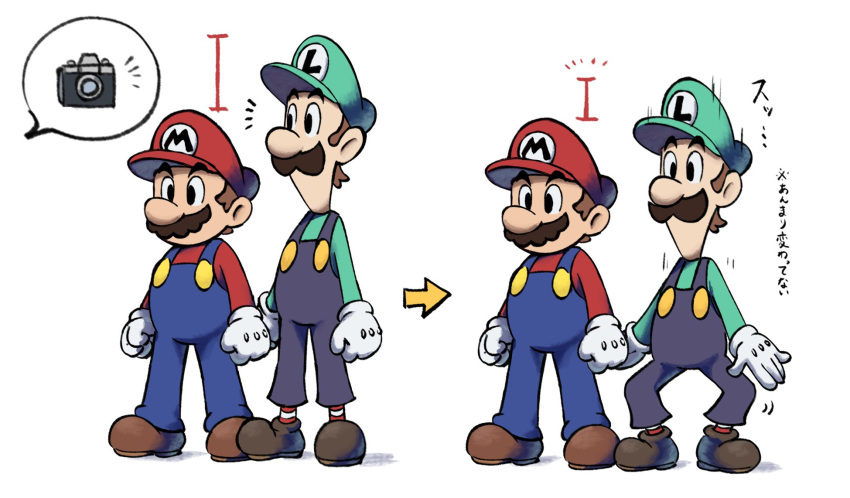 2boys alternate_color_hat big_nose blue_eyes blue_overalls boots brothers brown_footwear brown_hair camera facial_hair gloves green_headwear green_shirt hat highres luigi mario mario_&amp;_luigi:_superstar_saga mario_&amp;_luigi_rpg mario_(series) masanori_sato_(style) multiple_boys mustache official_style overalls plumber red_headwear red_overalls red_shirt shirt short_hair siblings simple_background socks squatting striped striped_socks white_gloves ya_mari_6363