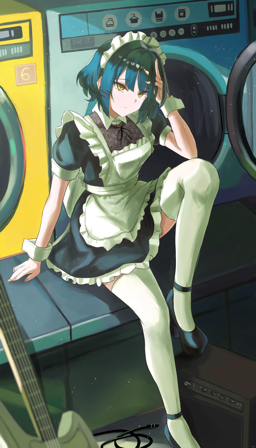 1girl absurdres alternate_costume amplifier apron blue_hair bocchi_the_rock! dress electric_guitar enmaided frilled_apron frilled_dress frills guitar high_heels highres instrument laundromat legs looking_at_viewer maid maid_apron maid_headdress short_hair sitting solo thighhighs washing_machine yamada_ryou yato_(yama0x1) yellow_eyes