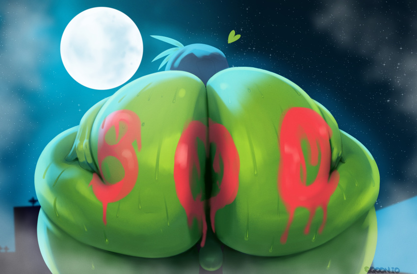 &lt;3 alien anthro balls big_butt bodily_fluids bodypaint butt foggy foggy_background genitals glistening glistening_butt green_body green_skin hand_on_butt hi_res huge_butt humanoid jay_(sqoon) light male moon moonlight presenting presenting_hindquarters puwa solo sqoon sweat sweaty_butt sweaty_legs sweaty_thighs thick_thighs