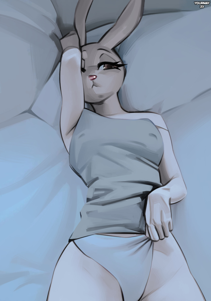 2023 anthro beastars bed clothed clothing clothing_pull digital_media_(artwork) female furniture half-length_portrait haru_(beastars) hi_res lagomorph leporid lying mammal nipple_outline on_back on_bed panties panty_pull portrait rabbit shirt solo tank_top topwear underwear underwear_pull yourmay