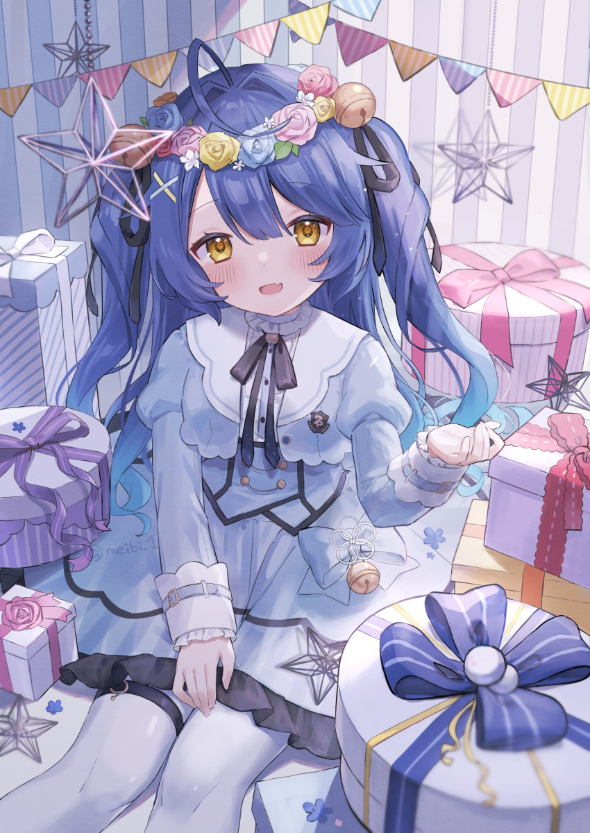 1girl ahoge amamiya_kokoro artist_name bell black_ribbon blue_bow blue_dress blue_hair blush bow box dress fang flower_wreath frilled_sleeves frills gift gift_box gradient_hair hair_bell hair_ornament highres long_hair long_sleeves looking_at_viewer meibi_1 multicolored_hair neck_bell neck_ribbon nijisanji ribbon sitting skin_fang solo star_(symbol) two_side_up virtual_youtuber yellow_eyes