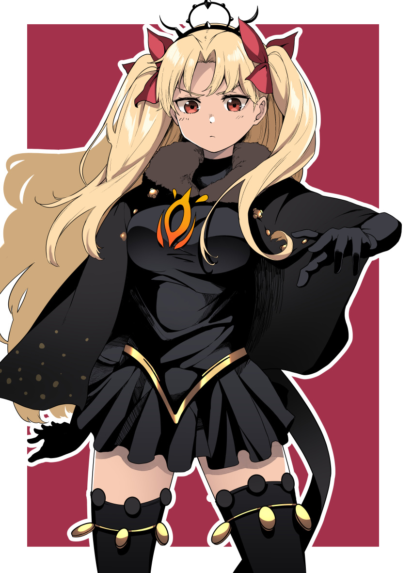 1girl absurdres black_cape black_dress black_gloves black_thighhighs blonde_hair blush border cape closed_mouth commentary_request dark-skinned_female dark_skin dress ereshkigal_(fate) ereshkigal_alter_(fate) fate/grand_order fate_(series) fur-trimmed_cape fur_trim gloves hair_ribbon highres long_hair long_sleeves looking_at_viewer outside_border parted_bangs red_background red_eyes red_ribbon ribbon simple_background solo tanuki_(siutkm0228) thighhighs two_side_up very_long_hair white_border