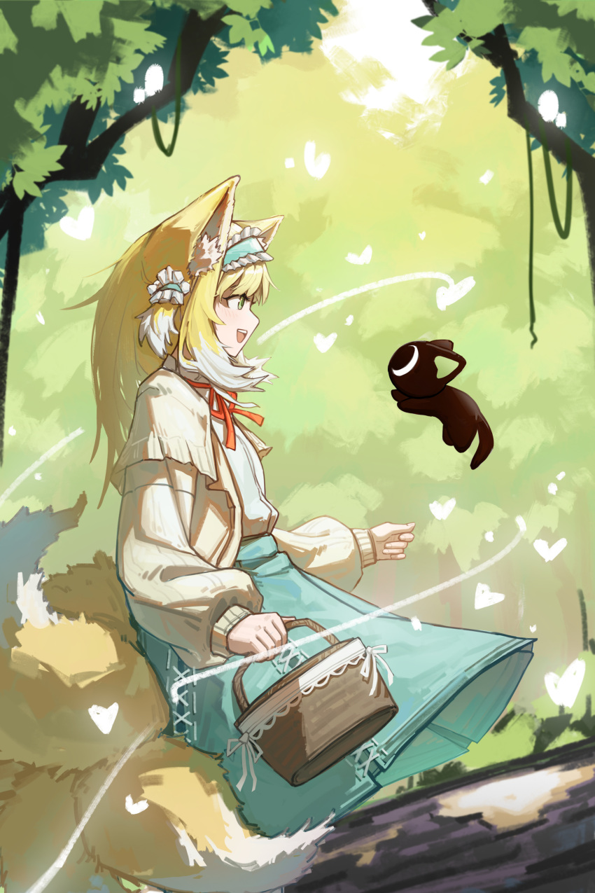 1girl absurdres animal_ears aqua_hairband aqua_skirt arknights basket black_cat blonde_hair cardigan cat chinese_commentary colored_tips commentary_request cross-laced_clothes cross-laced_skirt cross-laced_slit eye_contact forest fox_ears fox_girl fox_tail frilled_hairband frills green_eyes hairband highres holding holding_basket kitsune kyuubi long_hair long_sleeves looking_at_another luo_xiaohei multicolored_hair multiple_tails nature neck_ribbon official_alternate_costume open_mouth outdoors puffy_long_sleeves puffy_sleeves red_ribbon ribbon shirt sideways_mouth skirt suzuran_(arknights) suzuran_(spring_praise)_(arknights) tail taoxisama teeth upper_teeth_only white_hair white_shirt yellow_cardigan