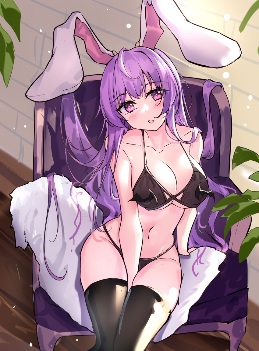 1girl animal_ears arm_between_legs bikini black_bikini black_thighhighs chair commentary_request diving_penguin highres long_hair looking_at_viewer navel open_mouth pink_eyes purple_hair rabbit_ears rabbit_girl reisen_udongein_inaba sitting solo swimsuit thighhighs touhou