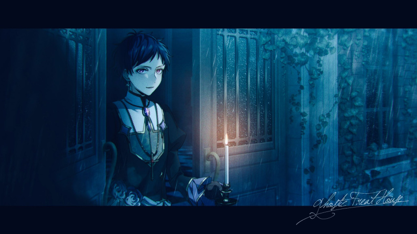 1boy black_gloves blue_hair candle candlestand commentary_request cross cross_earrings cross_necklace dark_blue_hair earrings ensemble_stars! fushimi_yuzuru gloves highres jewelry leaf letterboxed long_sleeves looking_at_viewer male_focus mole mole_under_eye necklace open_mouth partial_commentary purple_eyes short_bangs short_hair solo user_vzxu4543