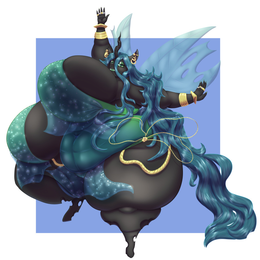 absurd_res anthro arthropod bedroom_eyes belly belly_dancer_outfit big_belly big_breasts black_body blues64 bracelet breasts changeling cheeki_peach ear_piercing female friendship_is_magic green_eyes green_hair green_sclera hair hasbro hi_res horn huge_breasts huge_thighs hyper hyper_breasts hyper_hips hyper_thighs jewelry long_hair looking_at_viewer my_little_pony narrowed_eyes overweight overweight_anthro overweight_female piercing queen_chrysalis_(mlp) seductive smile solo thick_thighs wide_hips wings