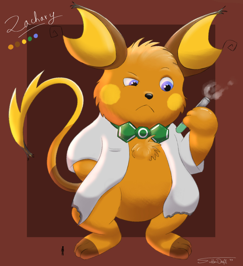 2020 bow_tie clothing coat duo featureless_crotch fur generation_1_pokemon hi_res holding_test_tube human lab_coat laboratory_equipment laboratory_glassware macro male mammal micro nintendo orange_body orange_fur pokemon pokemon_(species) purple_eyes raichu red_background scientific_instrument simple_background solo_focus suddendraft test_tube topwear zachary_(suddendraft)